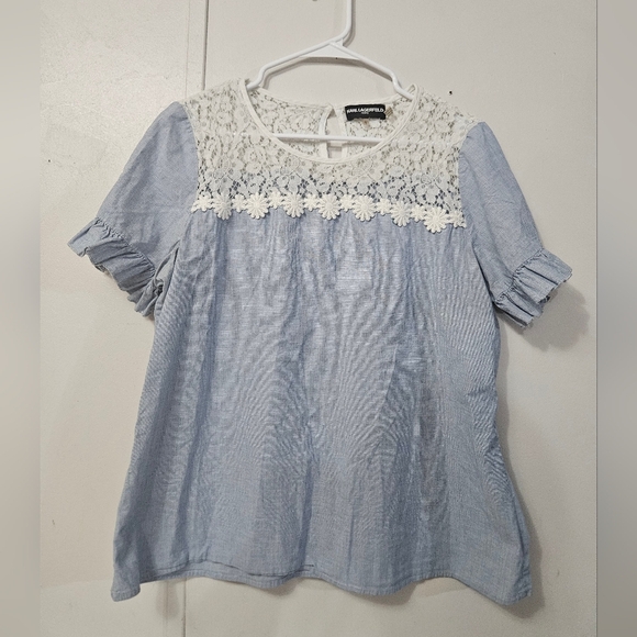 Karl Lagerfeld Blue Lace Trim Blouse With Keyhole Back! - Picture 1 of 6